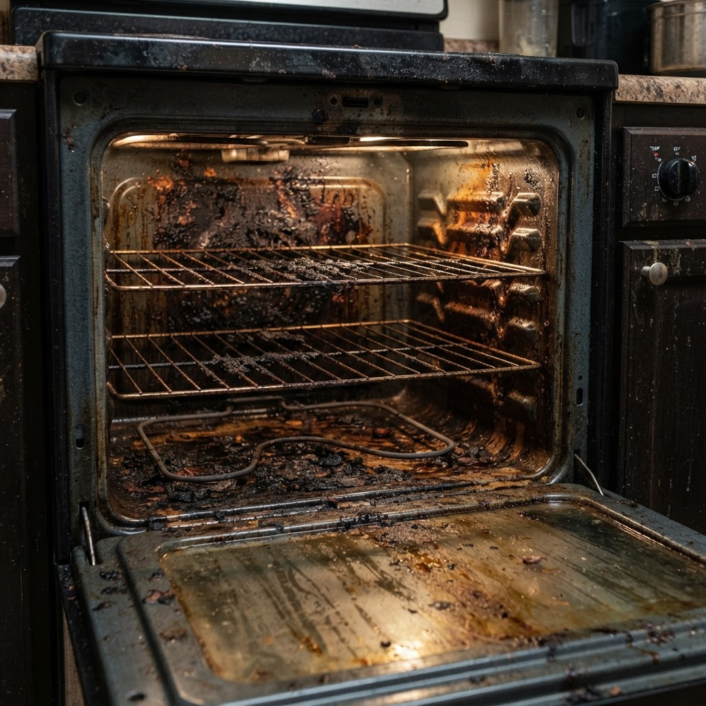 Oven interior with baked-on grease before cleaning